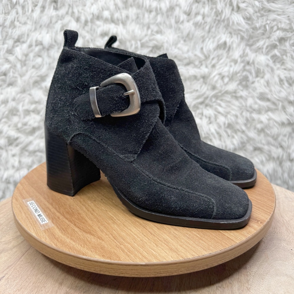 Black Suede Ankle Boots Silver Buckle Block‎ Heel Square Toe 90's Chunky Grunge